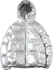 [Gsywaipei] Men's Shiny Warm Puffy Jacket Waterproof Winter Thick Male Puffer Parka Hooded Windproof Zip Down Jackets, Silvery, Large