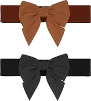 [Elerevyo] Women's 2Pcs Elastic Wide Belt Dress Bowknot Waistband Decoration Fashion Versatile Belts Black+Brown 70x5.8cm/27.6x2.3"