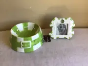 Brand New Papyrus Ceramic Green And White Dog Bowl With Charm And Frame Gift Set