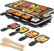 Raclette Grill, 2 in 1 Electric Grill Indoor Electric Griddle with 8 Raclette Cheese Pans and 2 Wooden Spatulas, Adjustable Temperature Control 1300W, Nonstick Barbecue Grill for Family and Party