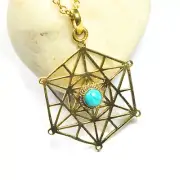 Metatron Necklace Gold Brass Pendant With Turquoise Gemstone Sacred Geometry