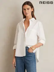Reiss White Sofia Cotton Topstitched Button-Through Shirt (AK9831) | $280