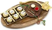 Ghasitaram Gifts Rakhi Gifts for Brothers Wooden Platter of Channa Laddoos, Pooja Thali and 2 Rakhis