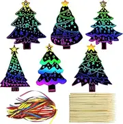 72Pcs Christmas Tree Scratch Paper Rainbow Color Scratch Ornaments Christmas Decorations Hanging Craft Art Kits with Wooden Stick and Ribbon for Kids Christmas Winter Party Favors