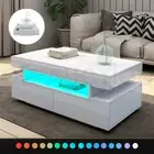 Modern LED Lights Coffee Table Storage Shelf 4 Drawers High Gloss Wooden White