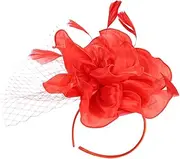 [Healvian] Elegant Women's Hair Tie Clip Headband Set Tea Party Fascinator Hat for Wedding Banquet and Parties Red