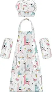 AIXIWAWA Kids Apron Chef Hat Set, Child Kitchen Bib Aprons Adjustable for Cooking Baking Painting (Cute Unicorn Llama)