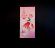 Unused Mid Century Xmas Greeting Card Pretty Young Lady Trimming Her Pink Tree