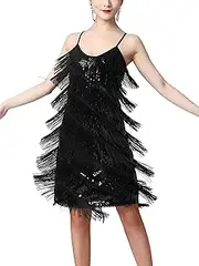 [Jugaoge] Womens Sleeveless Tassel Tango Latin Sexy Sequins Fringe Dresses Rumba Cha Cha Samba Salsa Performance Costume