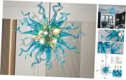 Modern Hand Blown Glass Chandelier Blue and Grey Glass Rod 20"D Blue Grey