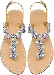 [AIJIVOU] Women's Rhinestone Flat Sandals, Women Flip Flops with Beadeed Rhinestone Crystal Jeweled Sandal Shoes for Summer Beach Oceanside Holiday Outdoor