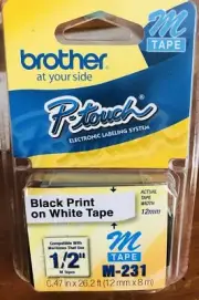 Brother M231 P-touch Label Tape 1/2" Black on White tape (12mm x 8 m)