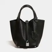 2023 New Fashion Portable Basket Bag Genuine Leather Elephant Grey Women's Bag Soft Cowhide Lychee Pattern Solid Color Mother Bag Bucket Bag