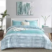 ETDIFFE Teal Duvet Cover Queen Size, 3pc Modern Grey and Blue Gradient Striped Microfiber Comforter Cover Set, Farmhouse Soft and Lightweight Abstract Ombre Pattern Quilt Cover (90x90) for Women Teen