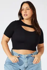 Black Cut Out Top Short Sleeve Crew Neck Seamless