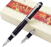 Duke Black Fountain Pen Double-Nibs Iridium Medium and Fude Calligraphy Nib Interchangeable Writing Gift Box Set for Office/Business/Art/Painting