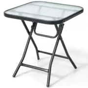 Costway 18.5"Hx18"Wx18"D Black Square Metal Folding Glass Side Table Outdoor