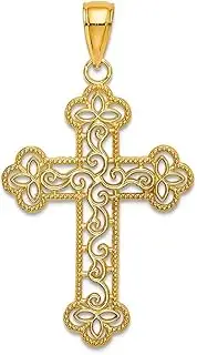 [JewelryWeb] 21mm 14k Gold Tri tipped Religious Faith Cross With Scroll Pattern and Beaded Edge Pendant Necklace for Women