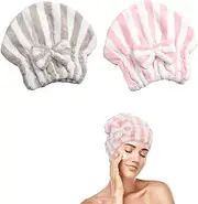 2PCS Microfiber Hair Drying Towels | Super Absorbent Turban Cap | Quick-Dry Head Wrap | Bow Knot Shower Cap | for Curly, Long, Thick Hair | Light Pink & Light Brown