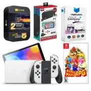 Nintendo Switch White OLED Console + Super Mario RPG + Surge Accessory Gamer Kit