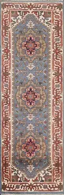 Geometric Light Blue/ Ivory Heriz Serapi Runner 2' 6" x 7' 10" Rug Handmade Wool