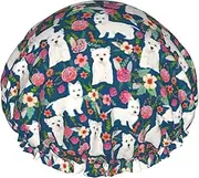 White Dog And Flowers Print Shower Cap For Women Men Reusable Lightweight Soft Bath Hair Cap With Elastic Band