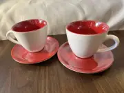2 Starbucks Espresso 3 oz White & Red Pearlescent Coffee Cups & Saucers 2005