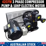 NEW 42CFM 3 PHASE COMPRESSOR PUMP & 10hp ELECTRIC MOTOR FULL SETUP MINUS TANK