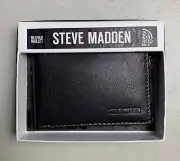 Steve Madden Men's Billfold Black Leather Wallet With Back ID RFID New