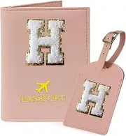 [COSHAYSOO] Initial Passport Cover Holder and Luggage Tag Set with Letter Name Patch for Women Teenage, Pink Travel Passport Book Vaccine Card Combo Bag Suitcase Identifier Pink H