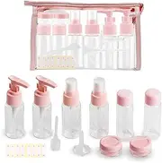 Leak Proof Travel Bottles Kit,Portable Transparent Lotion Cream Spray Empty Bottle,Clear PET Flight Size Cosmetic Containers for Lotion, Shampoo, Cream, Soap, Set of 11,Pink