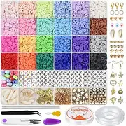 6000 Pcs Clay Beads for Bracelet Making, 24 Colors Flat Round Polymer Clay Beads 6mm Spacer Heishi Beads with Pendant Charms Kit and Elastic Strings for Jewelr