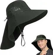 [FUIPVGI] Large Brim Sun Hat Men Women Safari Hat UV Protection with Neck Flap Scarf Hat Adjustable Chin Strap Army Green