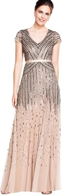 Adrianna Papell Cap Sleeve Linear Beaded V-Neck Long Dress Gown in Blush Size 0