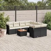 9 Piece Garden Sofa Set with Cushions – Black Poly Rattan Patio Furniture Set with Acacia Wood Table, Outdoor Chairs, Modular Design, and Hidden Storage for Backyard, Balcony, or Porch