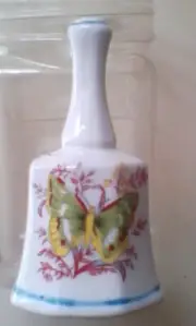 Bell Ceramic Springtime Easter Dinner Bell w/Red Fern, Flowers & Green Butterfly