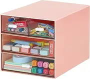 LETURE Desk Organizer with 4 Drawers, Clear Plastic Desk Storage Box, Desktop Organization for Office Supplies, Gel Pens, Pencils, Markers, Tape, Erasers, Paperclips, Chargers (Pink w 4Draws)