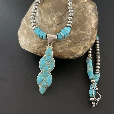 Blue Turquoise Opal Inlay Pendant Navajo Pearls Sterling Silver Necklace 11329