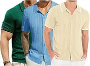 [PHJTOMK] Mens Vintage Knitted Golf Beach Tops Button Down Vacation Polo Shirt Casual Texture Shirts Short Sleeve
