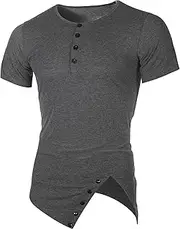 [Aosufei] Men's Irregular Hem Casual T-Shirt Crew Neck Solid Button T-Shirt Retro Short Sleeve Slim T-Shirts