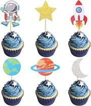 SYKYCTCY 36 Pack Space Astronaut Cupcake Toppers Planet Rocket Spaceship Trip to the Moon Star Cupcake Picks Universe Outer Space Theme Baby Shower Birthday Party Cake Decorations Supplies