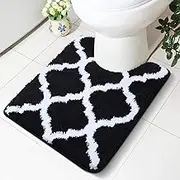 Luxury Bathroom Rugs Microfiber Oval U-Shaped Contoured Mat for Base of Toilet, Machine Wash and Dry, Non-Slip Absorbent Shaggy Contour Carpet Mats for Bathroom Toilets 20" x 24", Black
