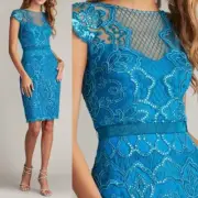 NWT TADASHI SHOJI Miranda Sequin Embroidered Dress BJK18795M Deep Ocean Size 8