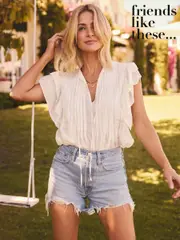 Friends Like These Cream Short Sleeve Millie Mackintosh Tie Front Pleated Blouse (AN8587) | $74