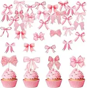 48Pcs Pink Bowknot Cupcake Toppers Wafer Paper Bow Theme Cake Dessert Picks Princess Cupcake Toppers for Birthday Party Baby Shower Wedding Decoration Supplies