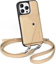 Luckycoin Crossbody Phone Case and Wallet for Woman,Compatible with iPhone 14 Pro Max Genuine Pebbled Beige Leather,Crossbody Purse Phone Case and Wallet with Pocket and Removable Shoulder Strap