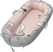 Bimocosy Baby Nest Cuddly Nest Cocoon with Handles for Babies, Travel Cot, Baby Coconut with Feather Pattern, 100% Cotton, 85 x 48 cm, as a Newborns Infants