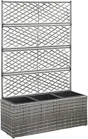 Raised Garden Bed, Raised Planter Elevated Growing Box Container Trellis Raised Bed with 3 Pots 83x30x130 cm Poly Rattan Grey