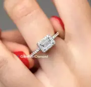 East West 1 Ct Emerald Cut Moissanite Halo Engagement Ring Solid 14K White Gold