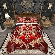 Erosebridal Red Damask King Size Comforter Set, Bohemian Vintage Florals Paisley Soft Bed Set for Kids Boys Girls, Hippie Exotic Aztec Waterproof Quilt Set for Bedroom, Elegant Luxury Down Comforter